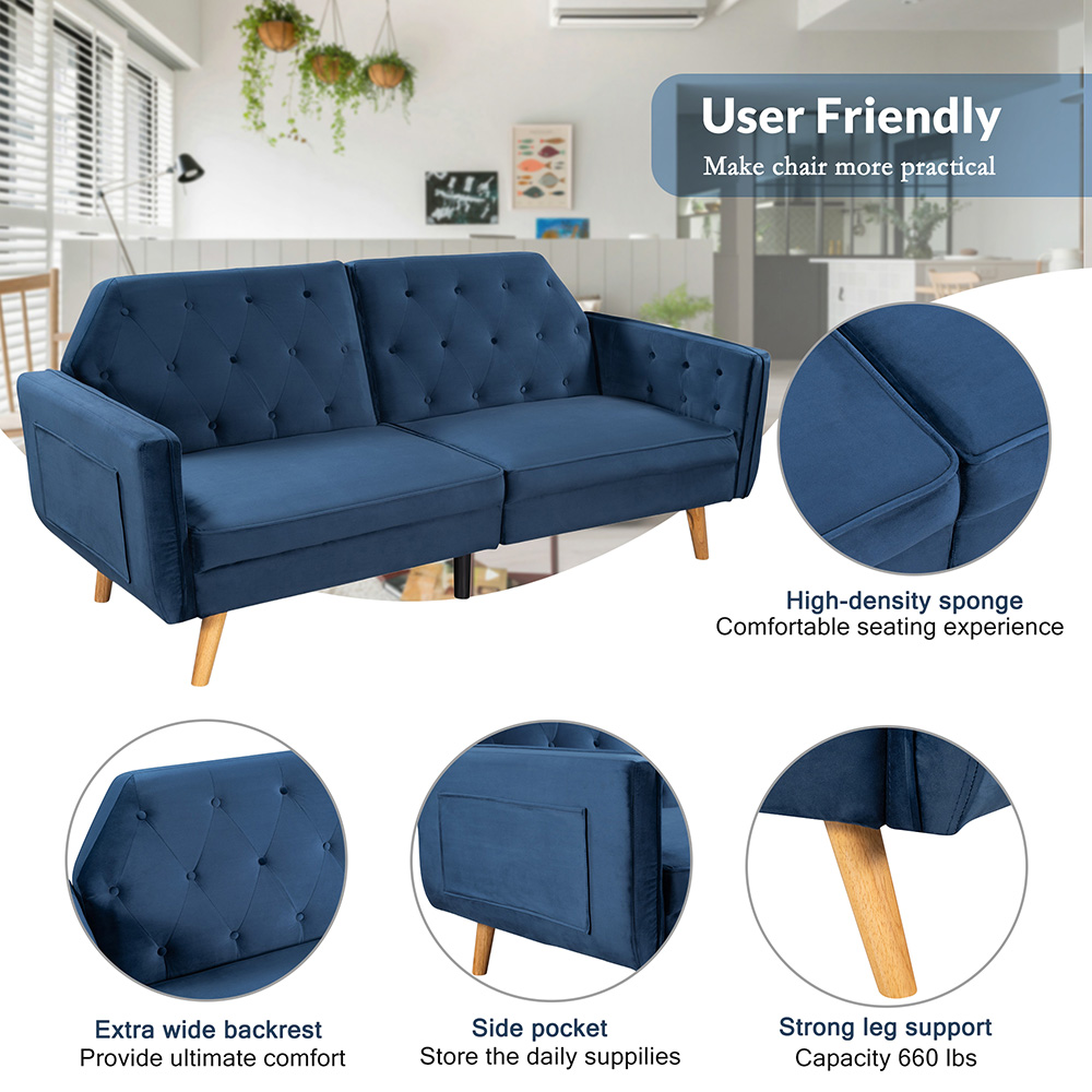 Orisfur 2-Seat Velvet Upholstered Sofa Bed with Wooden Legs and Backrest, for Living Room, Bedroom, Office, Apartment - Blue