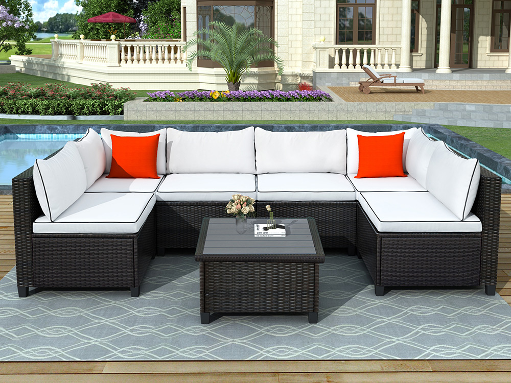 U-STYLE 6-Seat Rattan Wicker Sofa Set, with Coffee Table, Cushions and 2 Accent Pillows, for Outdoor, Courtyard, Terrace, Poolside - Beige