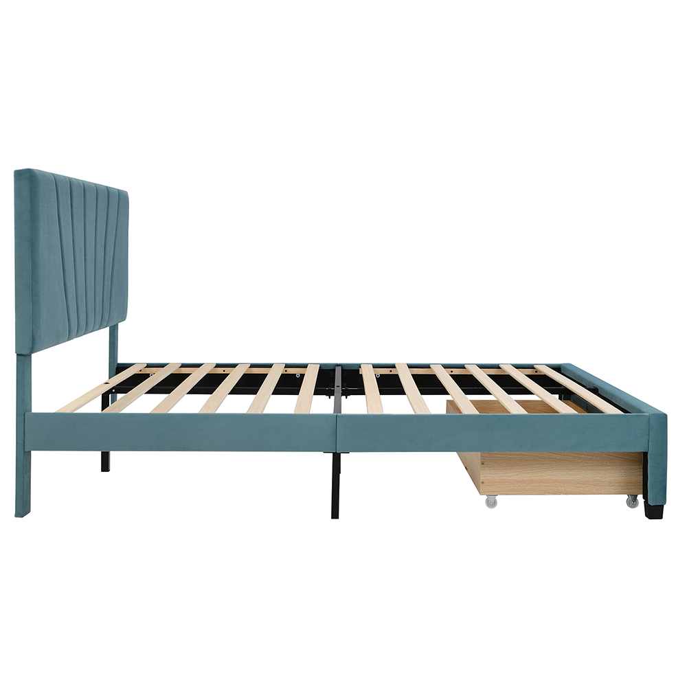 Queen-Size Velvet Upholstered Platform Bed Frame with Storage Drawer and Wooden Slat Support - Blue