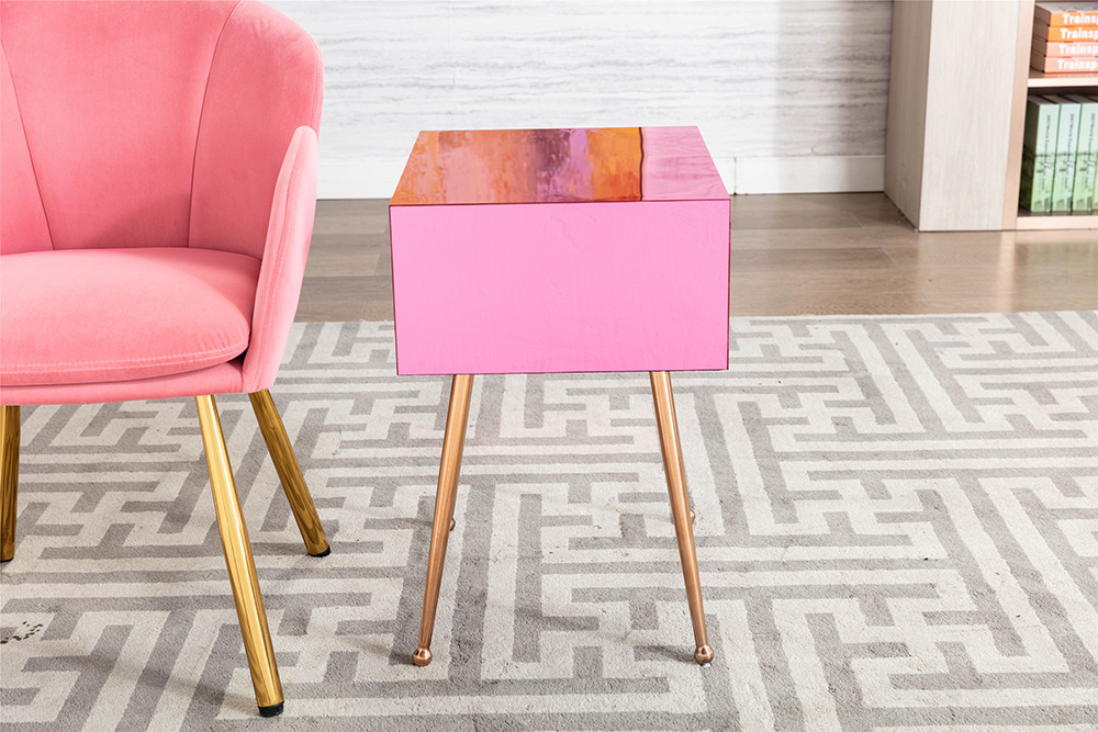 COOLMORE Mirror Bedside Table End Table with Metal High Legs for Living Room, Bedroom, Office, Dressing Room - Peach
