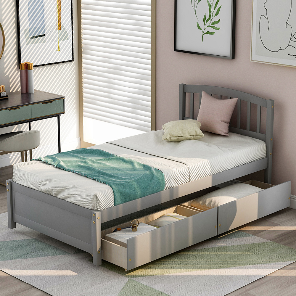 Twin Size Wooden Platform Bed Frame with 2 Storage Drawers, and Wooden Slats Support, No Spring Box Required (Frame Only) - Gray