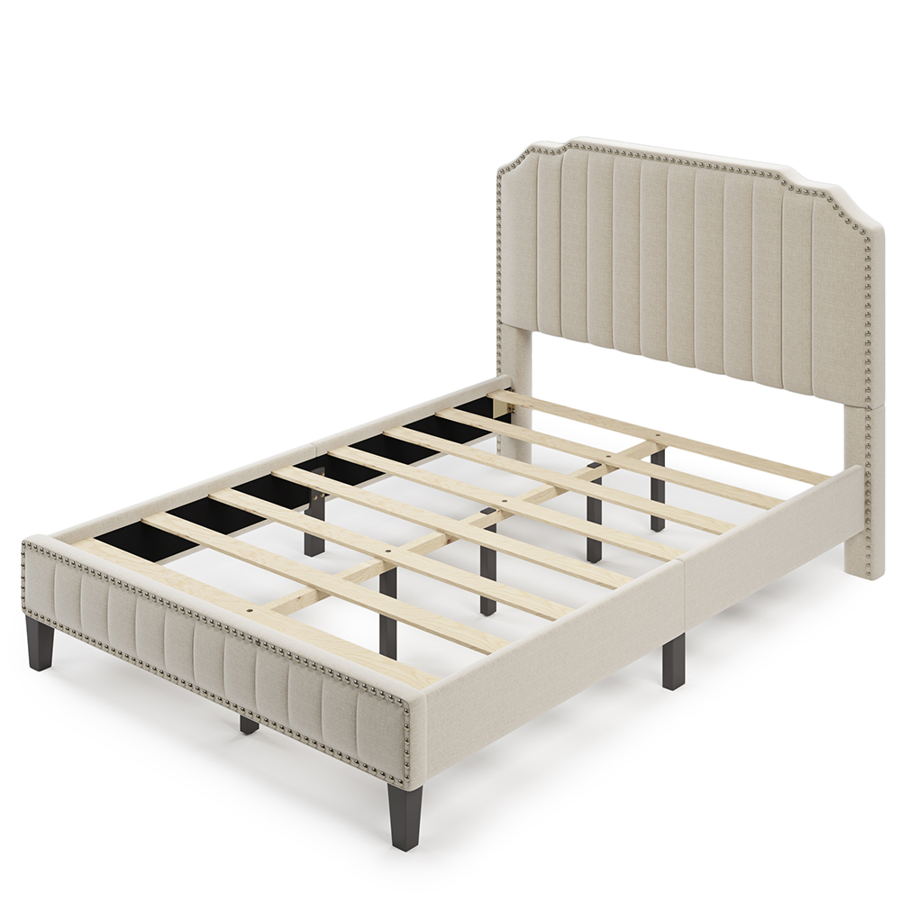 Full Size Solid Wooden Upholstered Bed Frame with Linen Headboard and Nailhead Trim - Cream
