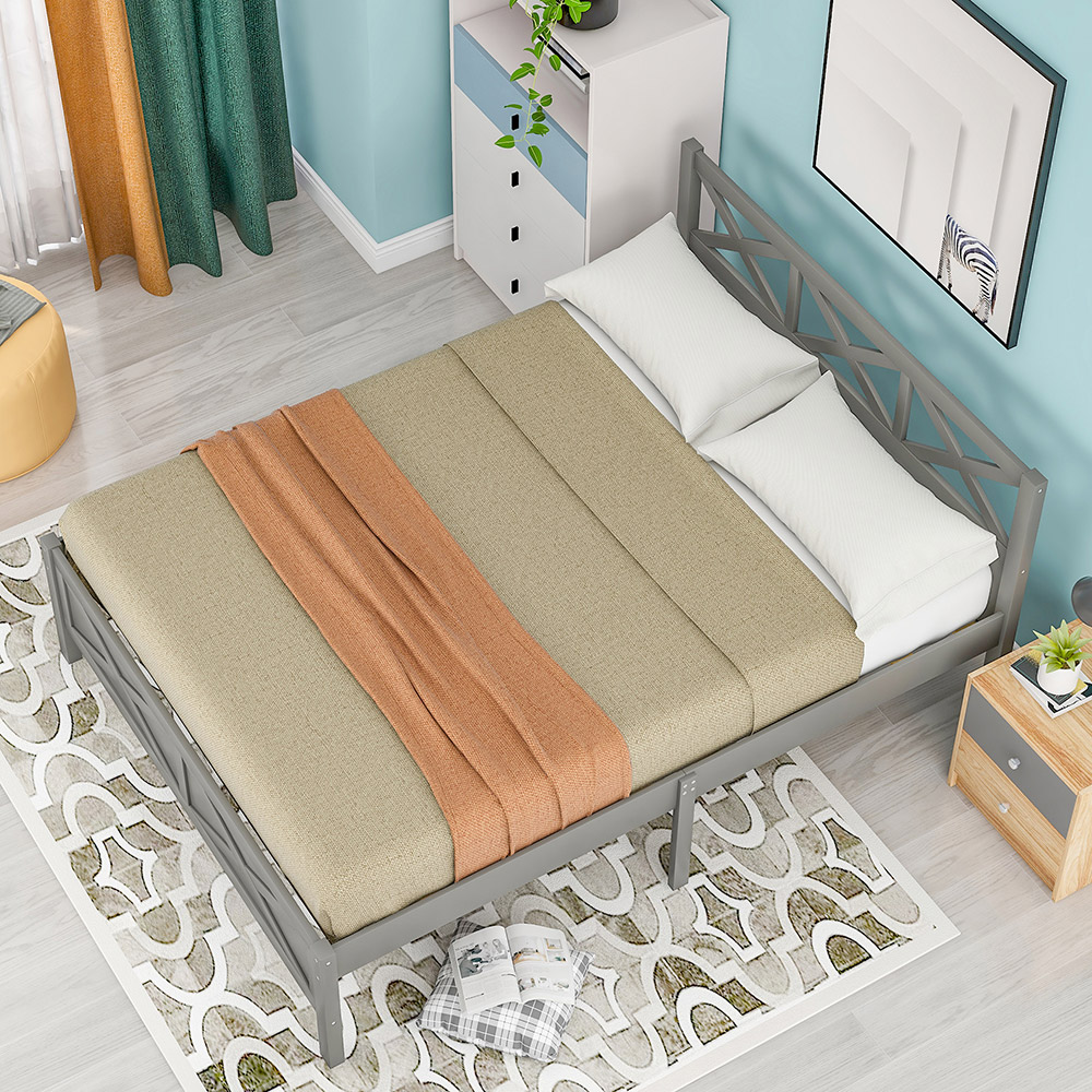 Queen Size Wooden Platform Bed Frame with High Legs and Wooden Slats - Gray