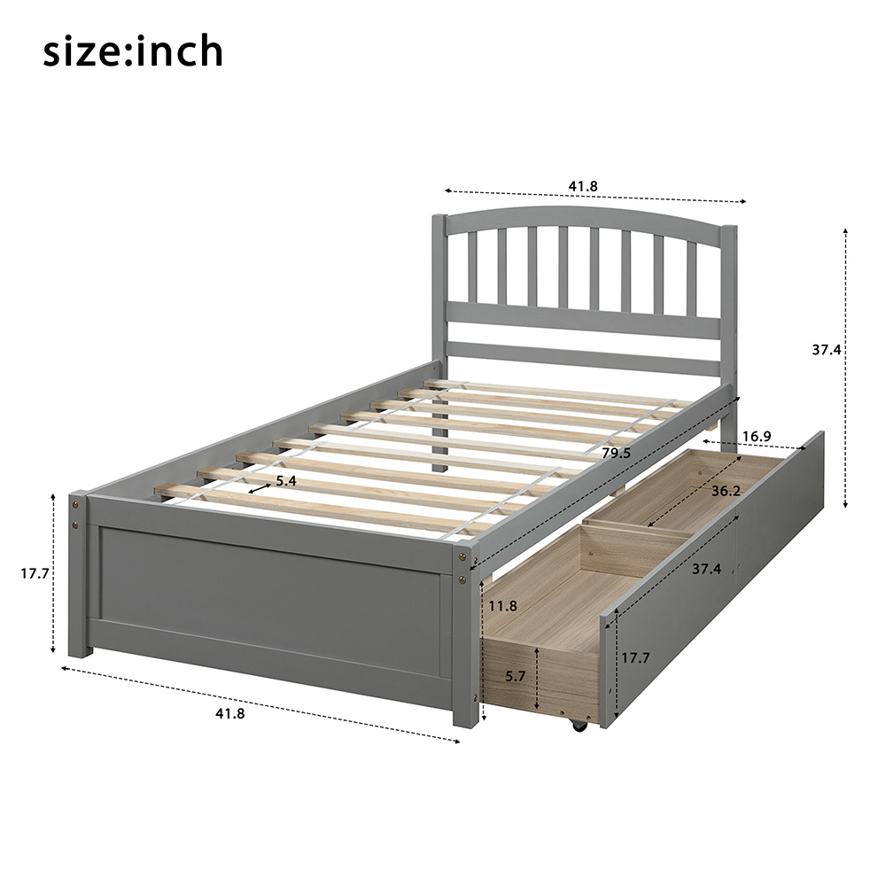 Twin Size Wooden Platform Bed Frame with 2 Storage Drawers, and Wooden Slats Support, No Spring Box Required (Frame Only) - Gray