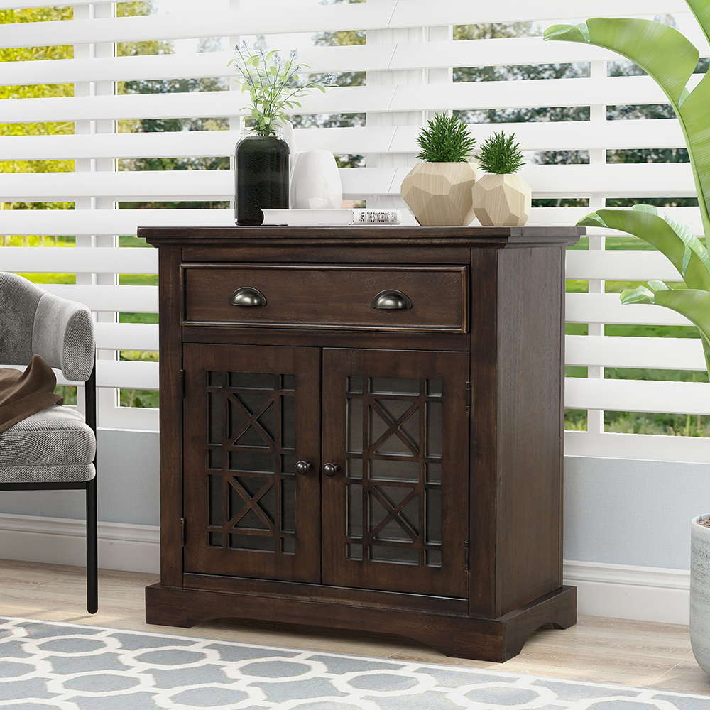 TREXM 28" Retro Wooden Storage Cabinet with 2 Doors and Drawer, for Kitchen, Restaurant, Office, Living Room, Cafe - Espresso