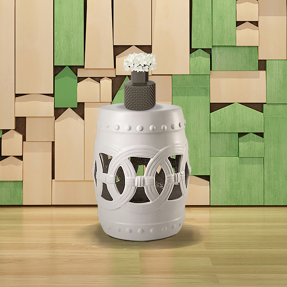 Outdoor Multifunctional Ceramic Stool for Garden, Terrace, Deck, Backyard - White