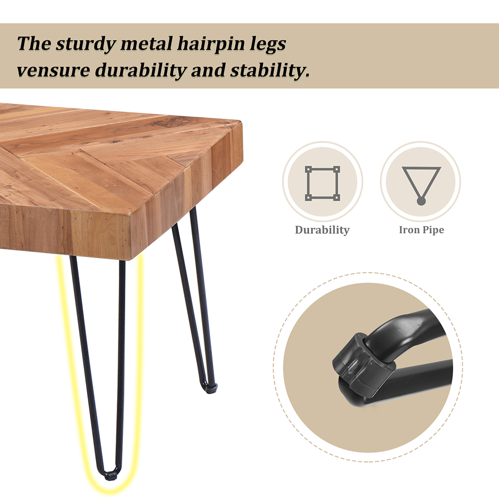 TREXM Rectangular Glossy Finished Wood Coffee Table with Chevron Pattern and Metal Hairpin Legs, for Kitchen, Restaurant, Office, Living Room, Cafe - Oak