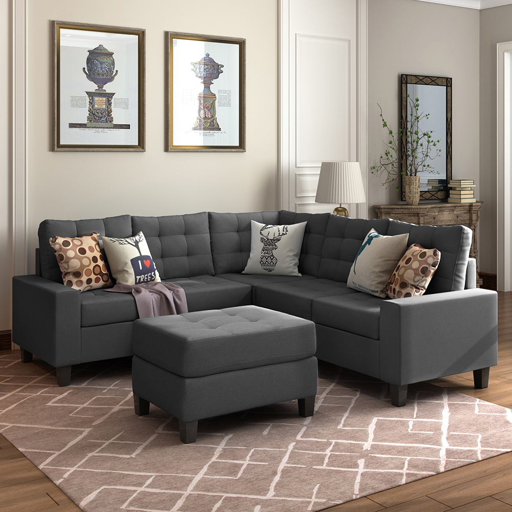 U-STYLE 5-Seat L-shaped Corner Polyester Tufted Upholstered Sofa with 2 Pillows and Ottoman, for Living Room, Bedroom, Office, Apartment - Grey