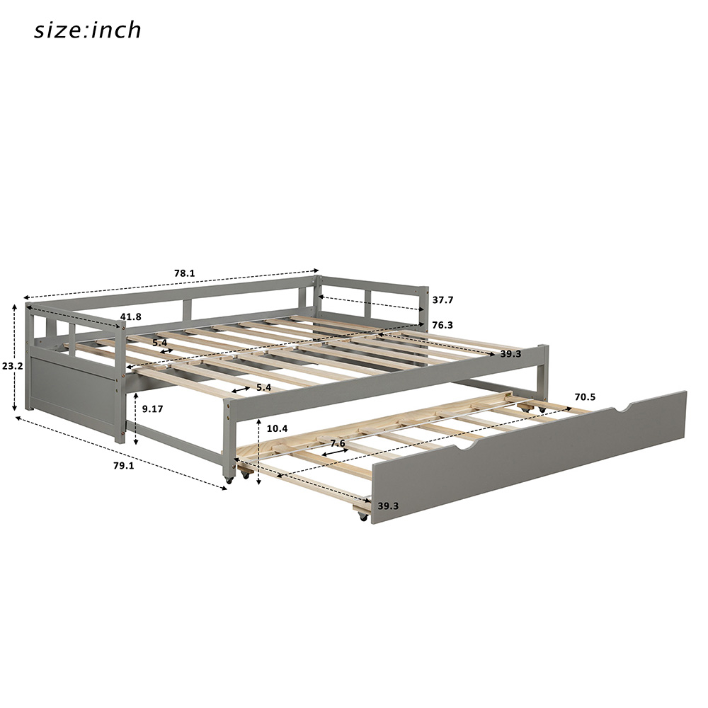 78" Twin Size Wooden Daybed with Trundle Bed and Wooden Slats Support, No Need for Spring Box, for Living Room, Bedroom, Office, Apartment - Gray