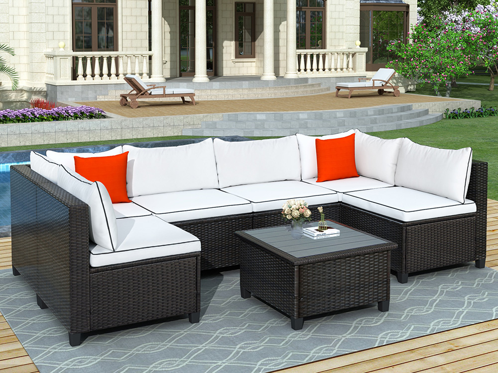 U-STYLE 6-Seat Rattan Wicker Sofa Set, with Coffee Table, Cushions and 2 Accent Pillows, for Outdoor, Courtyard, Terrace, Poolside - Beige