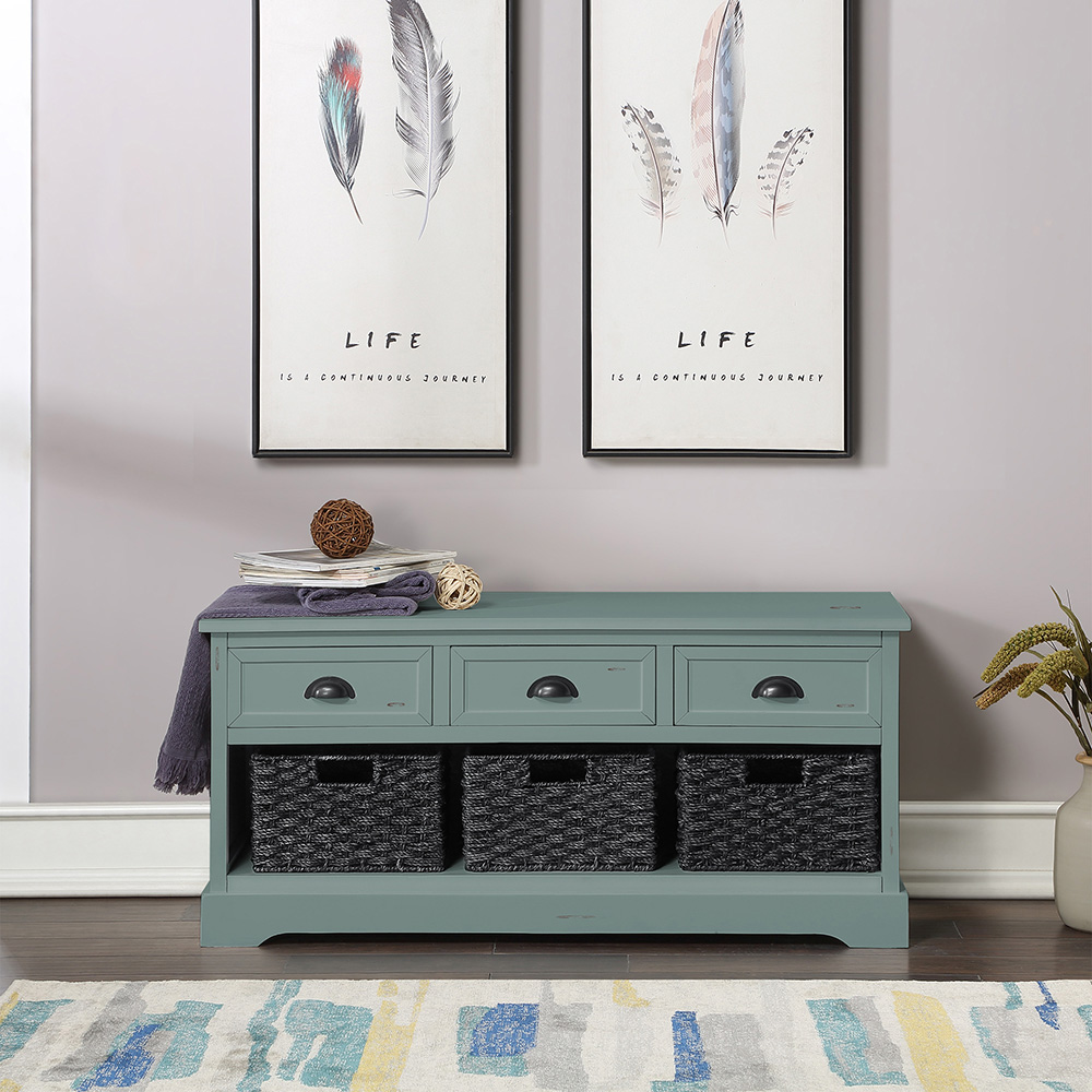 U-Style 19" Wooden Console Table with 3 Drawers and 3 Woven Baskets, for Entrance Hallway, Dining Room, Bedroom - Green
