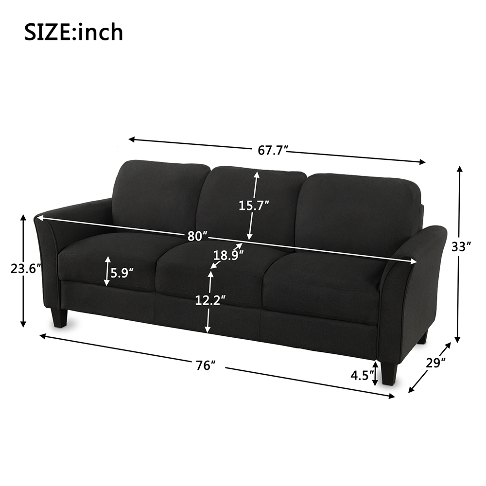 3-Seat Linen Fabric Sofa with Wooden Frame and Plastic Feet, for Living Room, Bedroom, Office, Apartment - Black