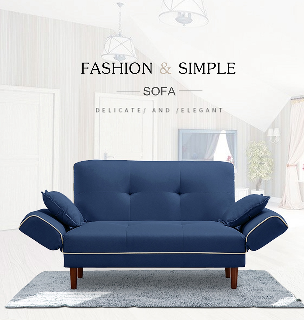 Twin Size Linen Upholstered Sofa Bed with 2 Pillows and Adjustable Armrests for Living Room, Bedroom, Office, Apartment - Navy Blue