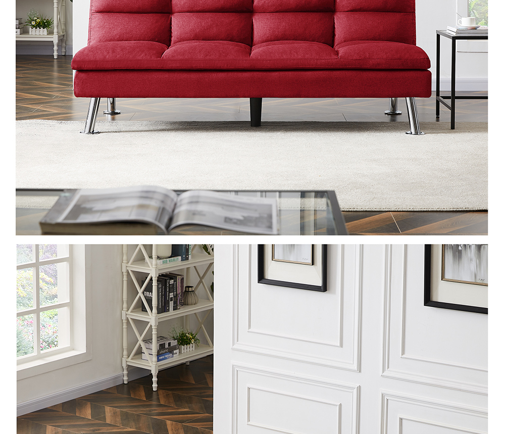 Twin Size Polyester Upholstered Sofa Bed Solid Wood Frame with Adjusting Backrest and Metal Legs for Office, Living Room, Guest Room, Apartment - Red