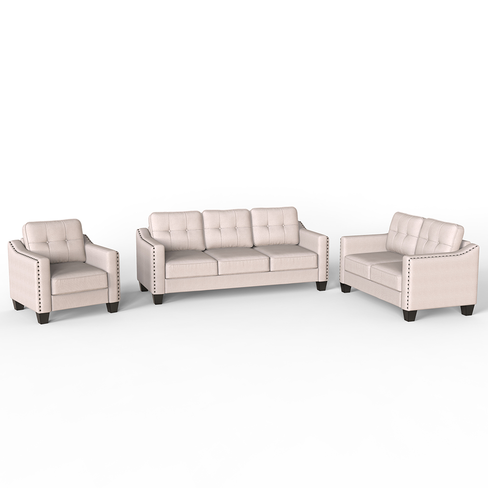 U-STYLE 3+2+1-Seat Linen Blend Fabric Tufted Sofa Set, with Solid Wood Frame and Plastic Feet, for Living Room, Bedroom, Office, Apartment - Beige