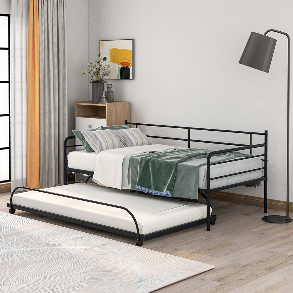Twin Size Metal Daybed Frame with Trundle Bed and Metal Slats Support, No Need for Spring Box, for Living Room, Bedroom, Office, Apartment - Black