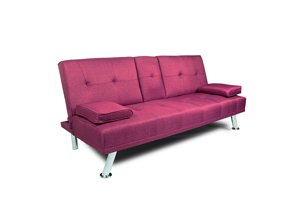 66" Twin Size Linen Fabric Sofa Bed with 2 Cup Holders and Metal Legs, for Living Room, Bedroom, Office, Apartment - Purple