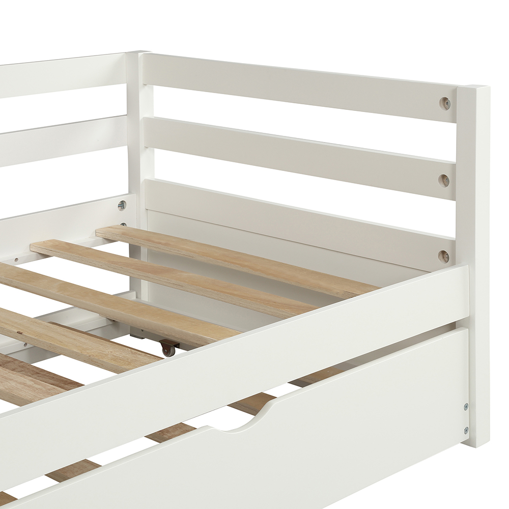 Twin Size Wooden Daybed with Trundle Bed and Wooden Slats Support, No Need for Spring Box, for Living Room, Bedroom, Office, Apartment - White
