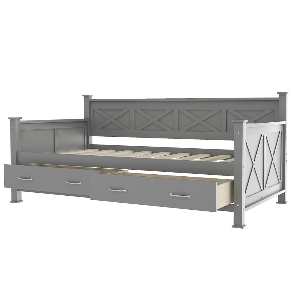Twin Size Rustic Style Wooden Daybed Frame with 2 Storage Drawers and Wooden Slats Support, No Need for Spring Box, for Living Room, Bedroom, Office, Apartment - Gray