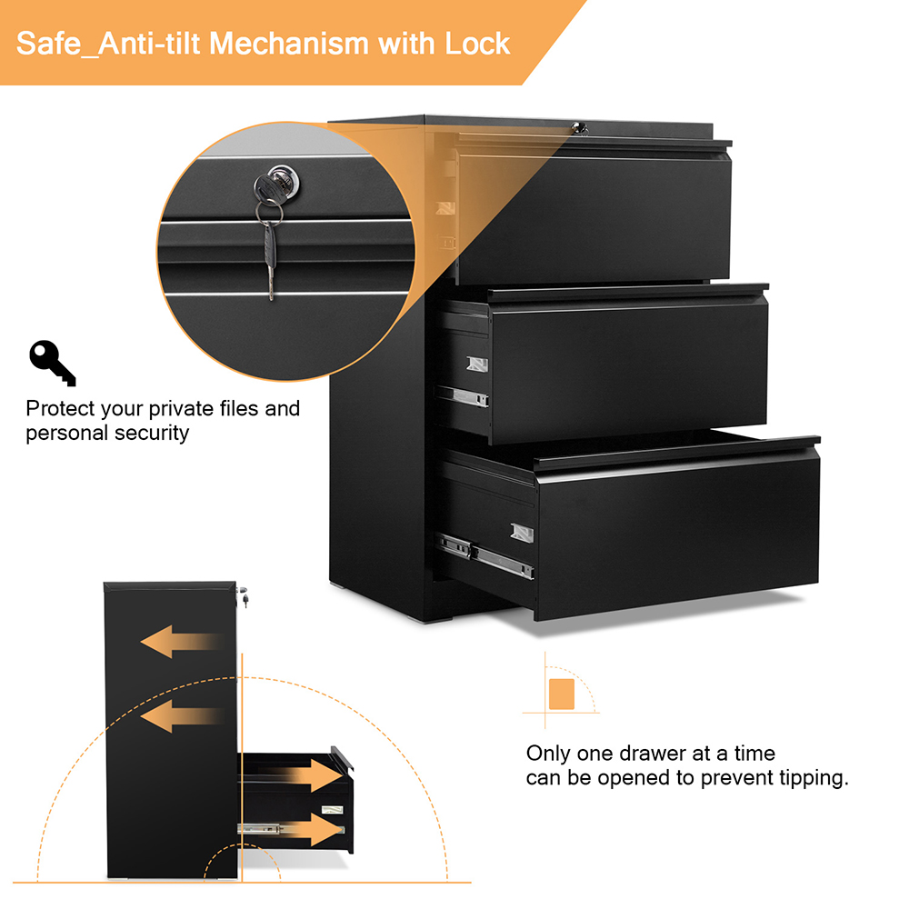 Home Office Lateral Metal Lockable File Cabinet with 3 Storage Drawers, for A4, Letter-Sized and Legal-Sized Hanging Documents - Black