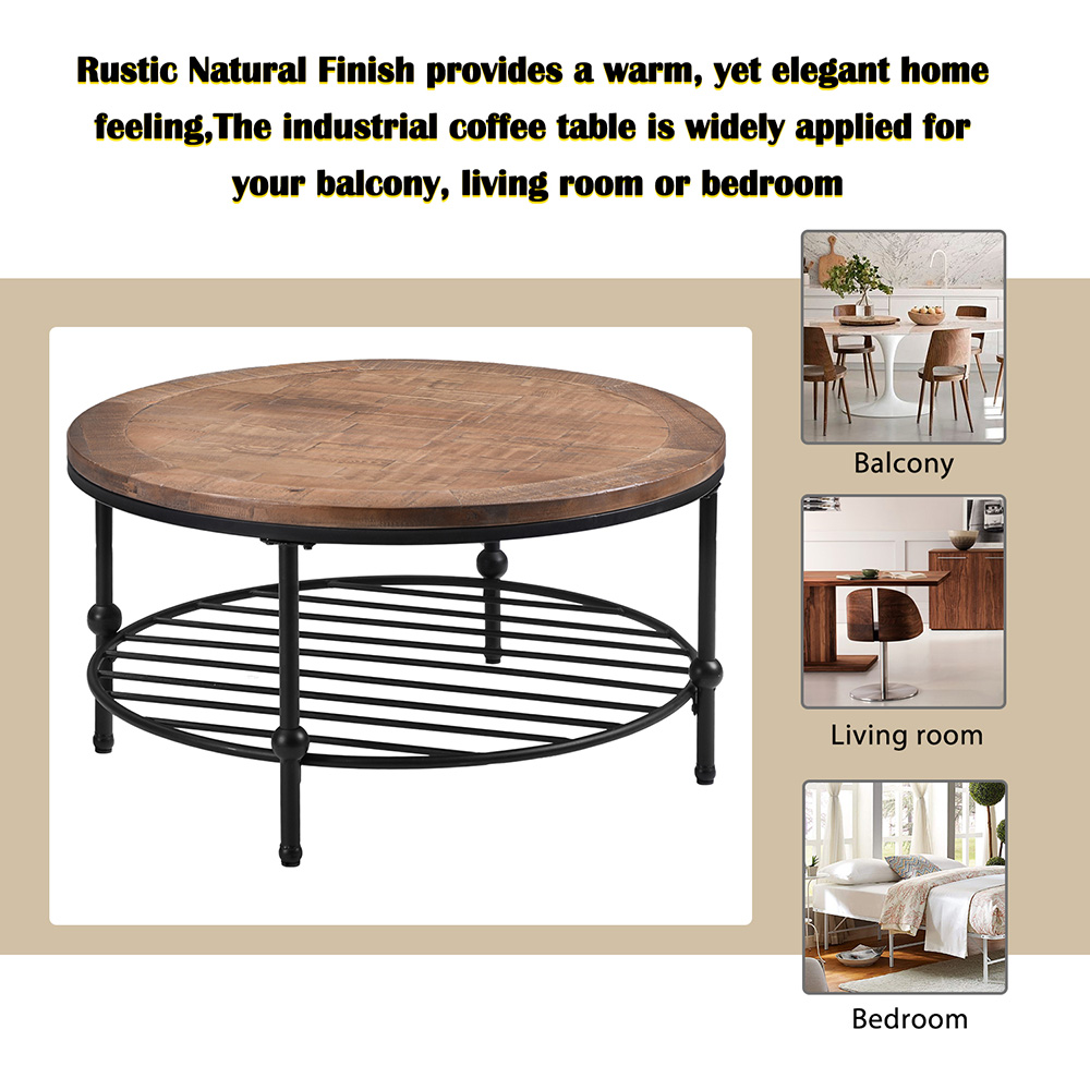 TREXM 35" Round Rustic Natural Coffee Table with Storage Shelf, for Kitchen, Restaurant, Office, Living Room, Cafe - Brown