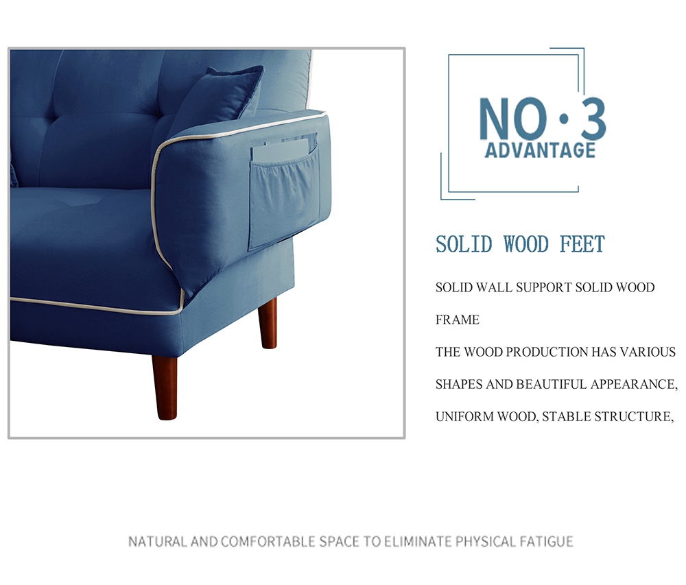 Twin Size Linen Upholstered Sofa Bed with 2 Pillows and Adjustable Armrests for Living Room, Bedroom, Office, Apartment - Navy Blue