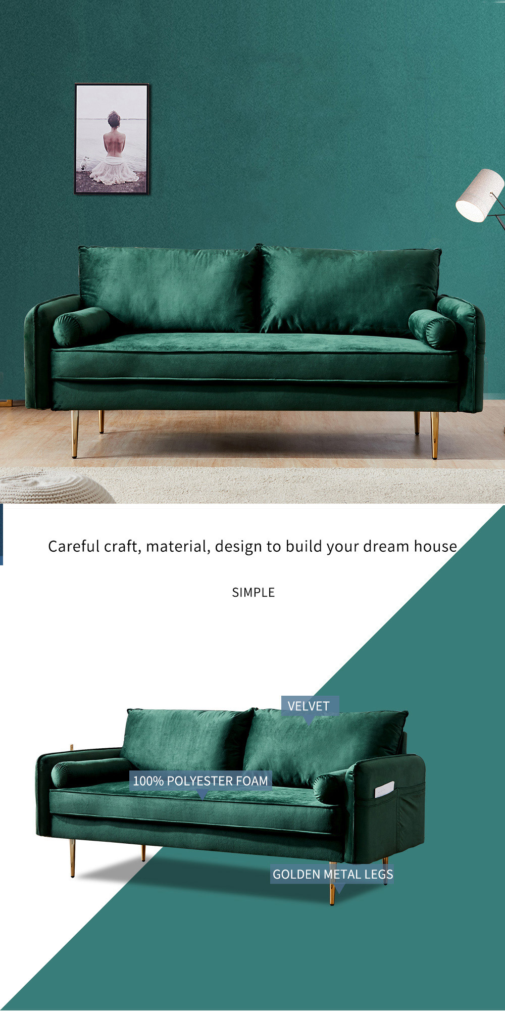 71" Velvet Fabric Upholstered Sofa with Armrest Pocket for Living Room, Bedroom, Office, Apartment - Green