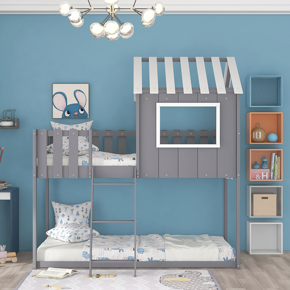 Twin-Size Wooden Floor Children's Bunk House Bed Frame with Rustic Fence-Shaped Guardrail and Ladder, No Need for Box Spring - Gray