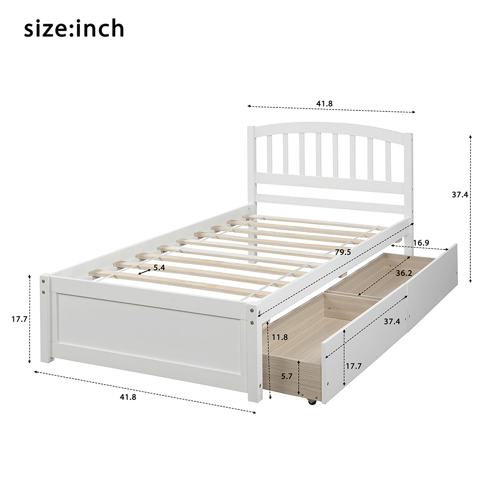 Twin Size Wooden Platform Bed Frame with 2 Storage Drawers, and Wooden Slats Support, No Spring Box Required (Frame Only) - White