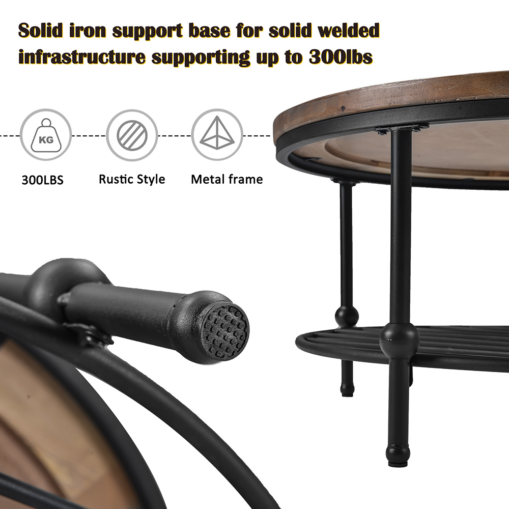 TREXM 35" Round Rustic Natural Coffee Table with Storage Shelf, for Kitchen, Restaurant, Office, Living Room, Cafe - Brown