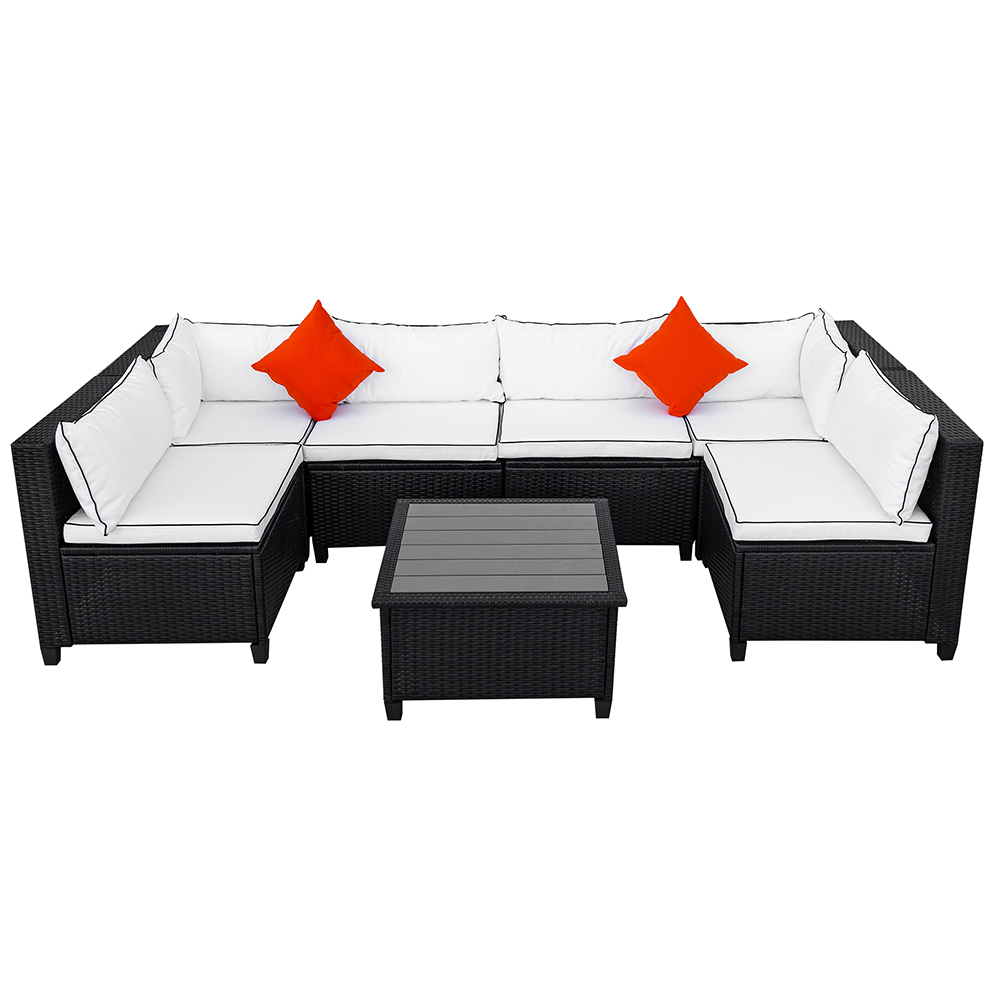 U-STYLE 6-Seat Rattan Wicker Sofa Set, with Coffee Table, Cushions and 2 Accent Pillows, for Outdoor, Courtyard, Terrace, Poolside - Beige