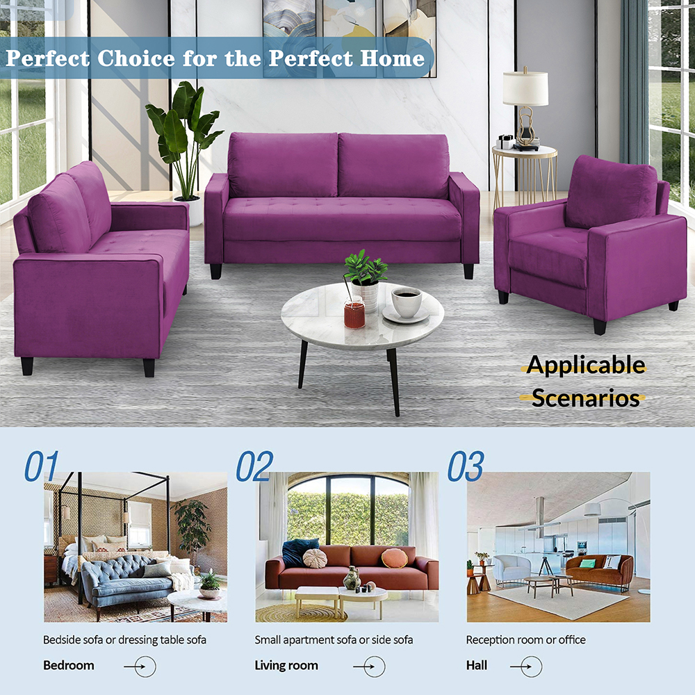 Orisfur 3-seat + 2-seat + 1-seat Velvet Upholstered Sofa Set with Armrests and Backrest for Living Room, Bedroom, Office, Apartment - Purple