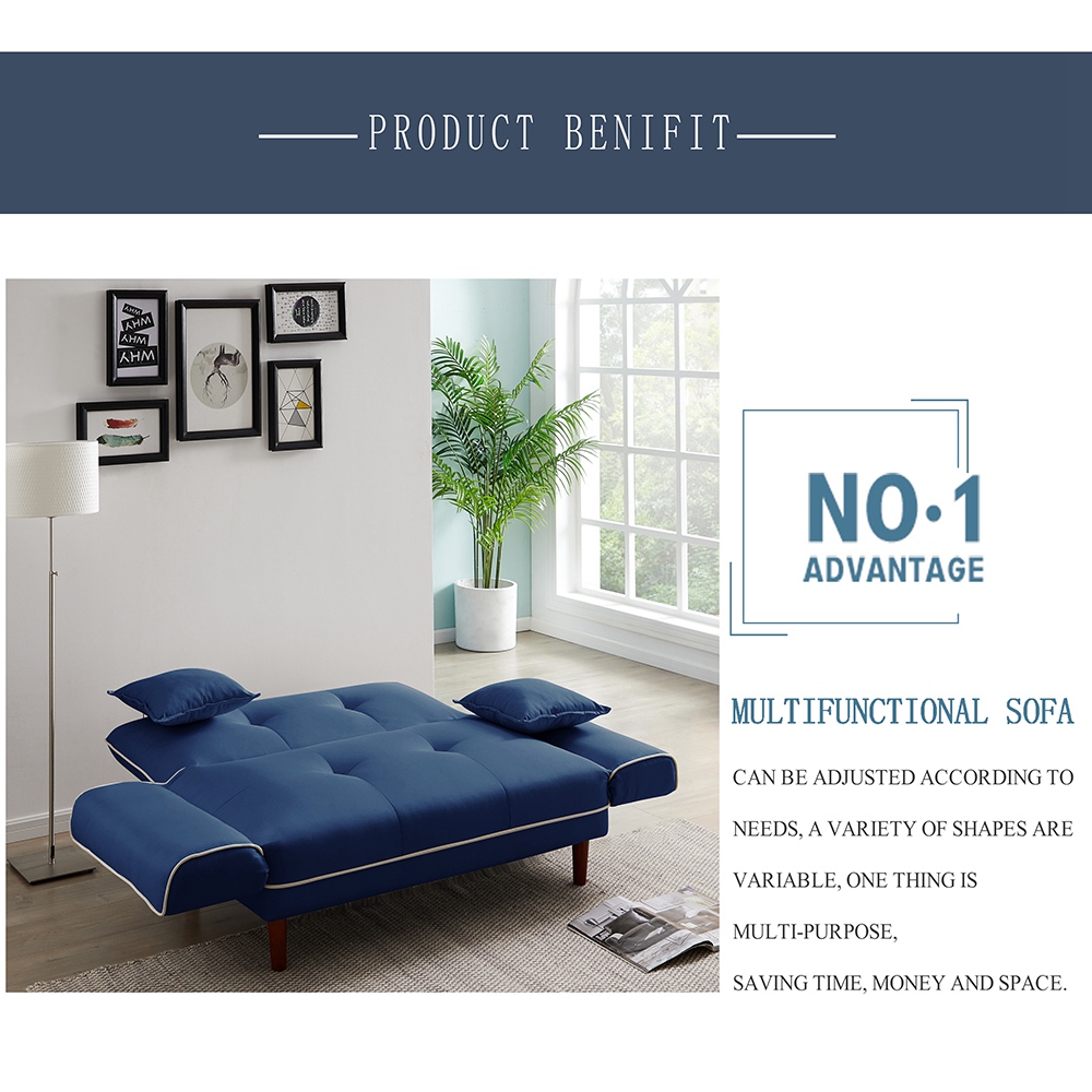 Twin Size Linen Upholstered Sofa Bed with 2 Pillows and Adjustable Armrests for Living Room, Bedroom, Office, Apartment - Navy Blue