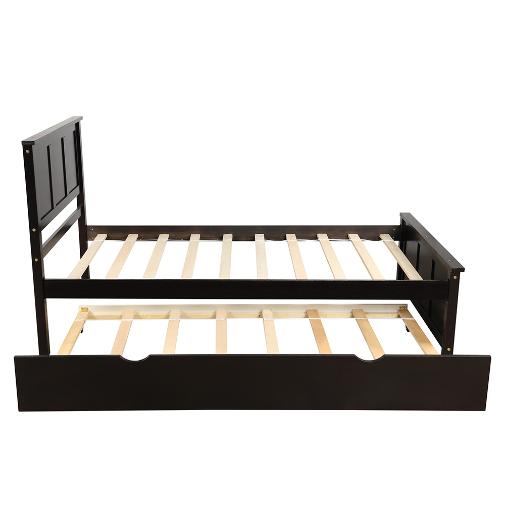 Twin Size Wooden Platform Bed Frame with Trundle Bed, and Wooden Slats Support, No Spring Box Required (Frame Only) - Espresso