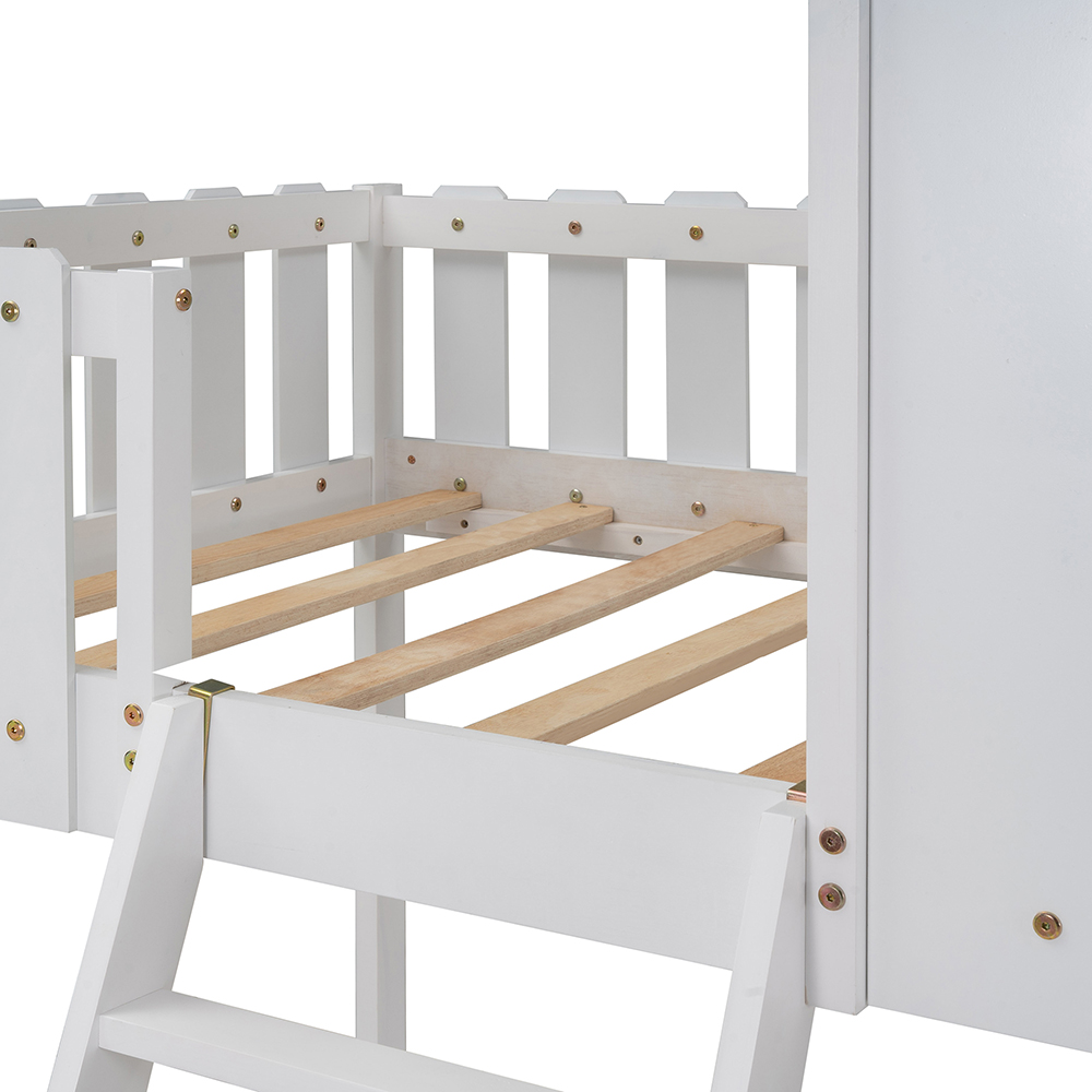 Twin-Size Wooden Floor Children's Bunk House Bed Frame with Rustic Fence-Shaped Guardrail and Ladder, No Need for Box Spring - White