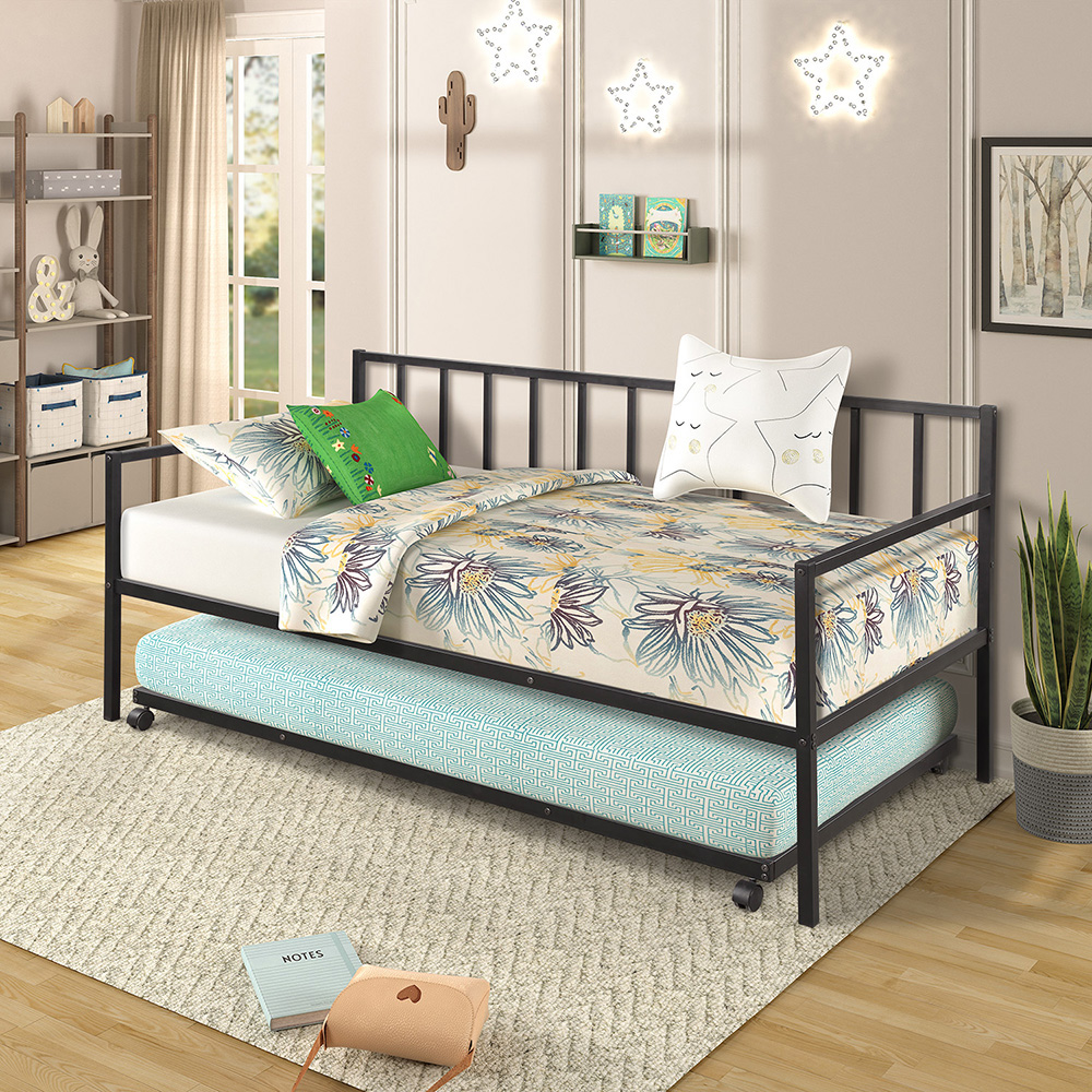 Twin Size Metal Daybed Frame with Trundle Bed and Metal Slats Support, No Need for Spring Box, for Living Room, Bedroom, Office, Apartment - Black