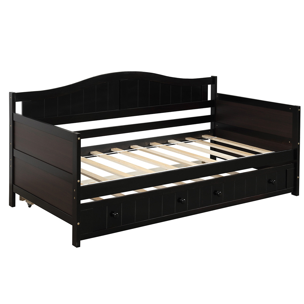 Twin-Size Wooden Platform Daybed Frame with Trundle Bed and Wooden Slats Support - Espresso