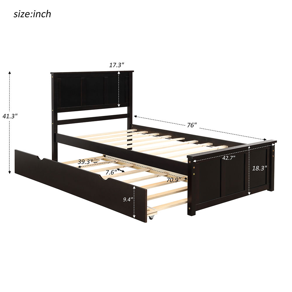 Twin Size Wooden Platform Bed Frame with Trundle Bed, and Wooden Slats Support, No Spring Box Required (Frame Only) - Espresso