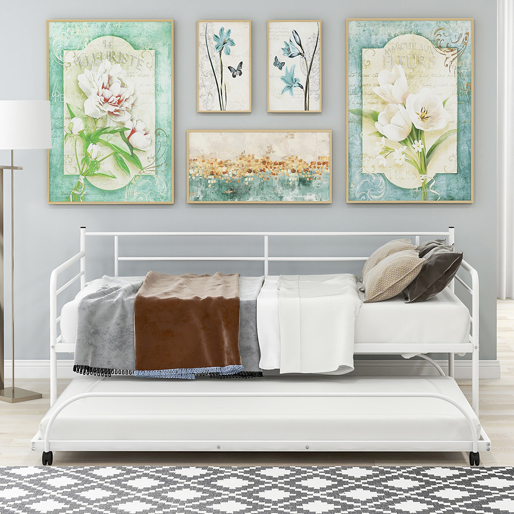 Twin Size Metal Daybed Frame with Trundle Bed and Metal Slats Support, No Need for Spring Box, for Living Room, Bedroom, Office, Apartment - White