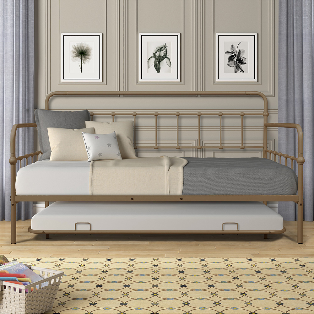 Twin Size Metal Daybed Frame with Trundle Bed and Metal Slats Support, No Need for Spring Box, for Living Room, Bedroom, Office, Apartment - Brass