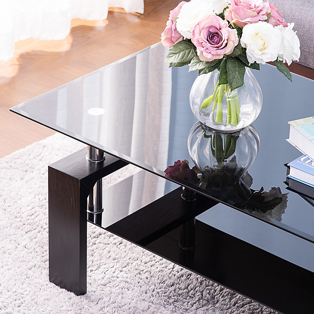 43" Glass Coffee Table with Wooden Legs and Open Shelf, for Kitchen, Restaurant, Office, Living Room, Cafe - Black