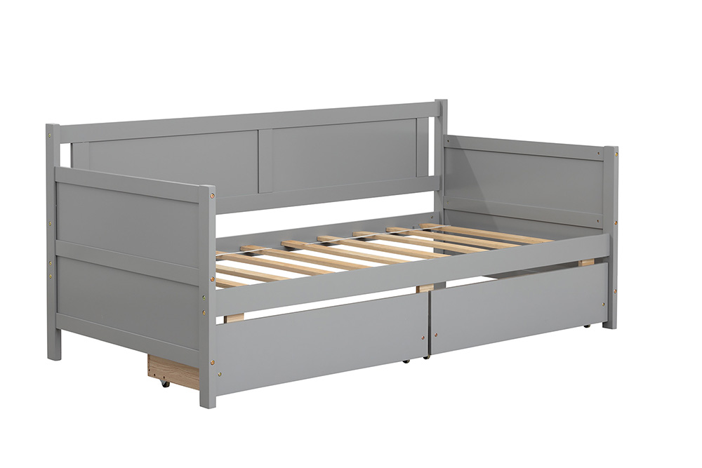 Twin Size Wooden Daybed Frame with 2 Storage Drawers and Wooden Slats Support, No Need for Spring Box, for Living Room, Bedroom, Office, Apartment - Gray