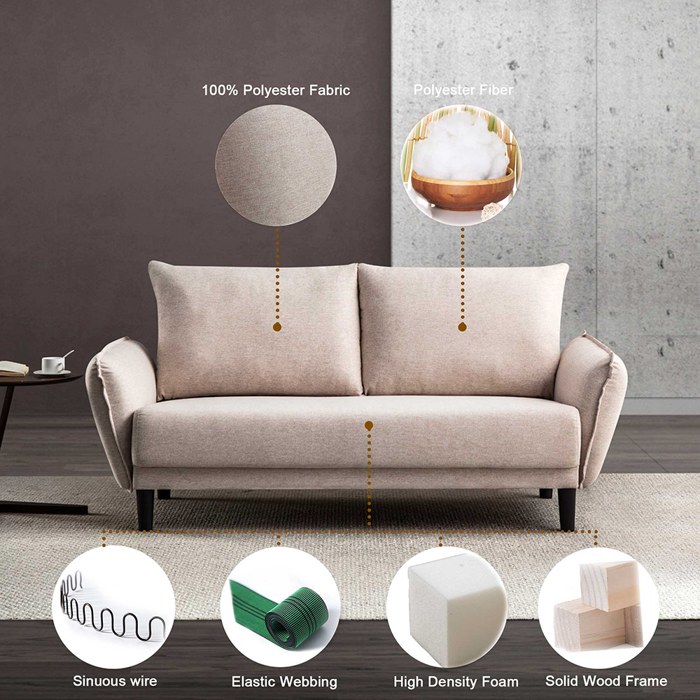 2-Seat Polyester Fabric Upholstered Sofa, with 2 Loose Back Cushions and Plastic Legs, for Living Room, Bedroom, Office, Apartment - Beige