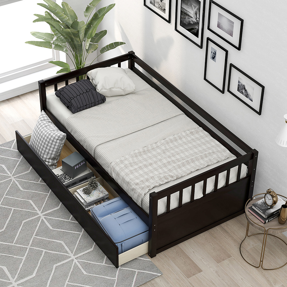 Twin-Size Wooden Platform Sofa Bed Frame with 2 Inseparable Storage Drawers - Espresso