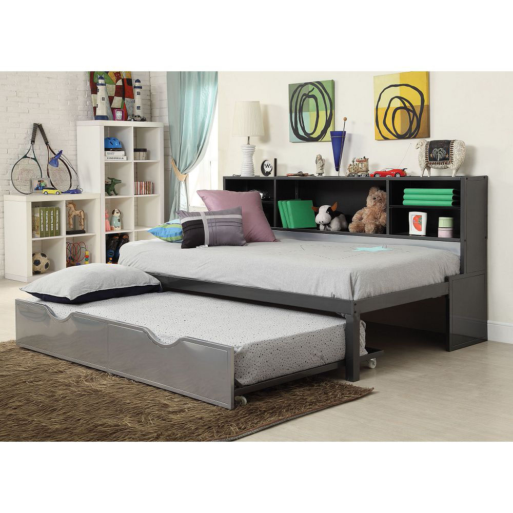 ACME Twin Size Daybed Frame with Trundle Bed and Storage Shelves, No Need for Spring Box, for Living Room, Bedroom, Office, Apartment - Black + Silver