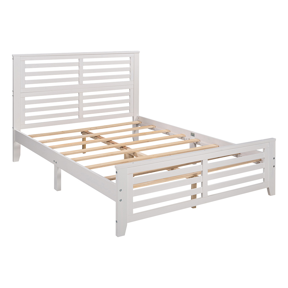 Full-Size Wooden Platform Bed Frame with Hollow Shape Horizontal Strip and Wooden Slats Support - White