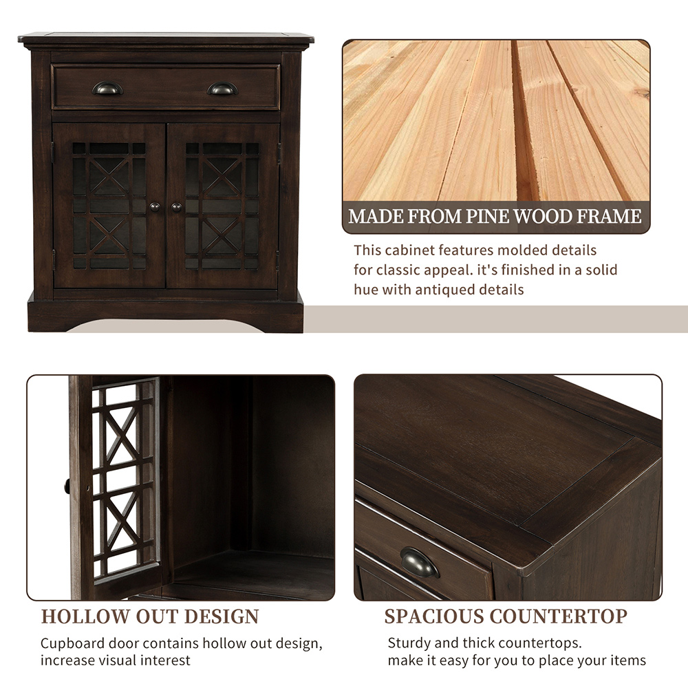 TREXM 28" Retro Wooden Storage Cabinet with 2 Doors and Drawer, for Kitchen, Restaurant, Office, Living Room, Cafe - Espresso