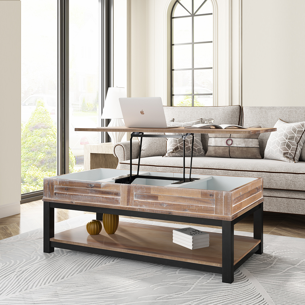 U-Style Rectangle Lift Top Coffee Table with Inner Storage Space and Shelf, for Kitchen, Restaurant, Office, Living Room, Cafe - Brown