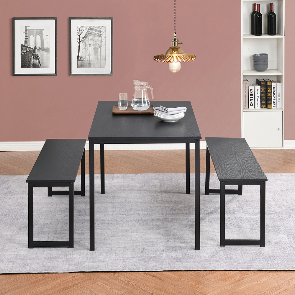 3 Piece Dining Set, Including 1 Table and 3 Benches, for Kitchen, Restaurant, Bar, Living Room, Cafe - Black