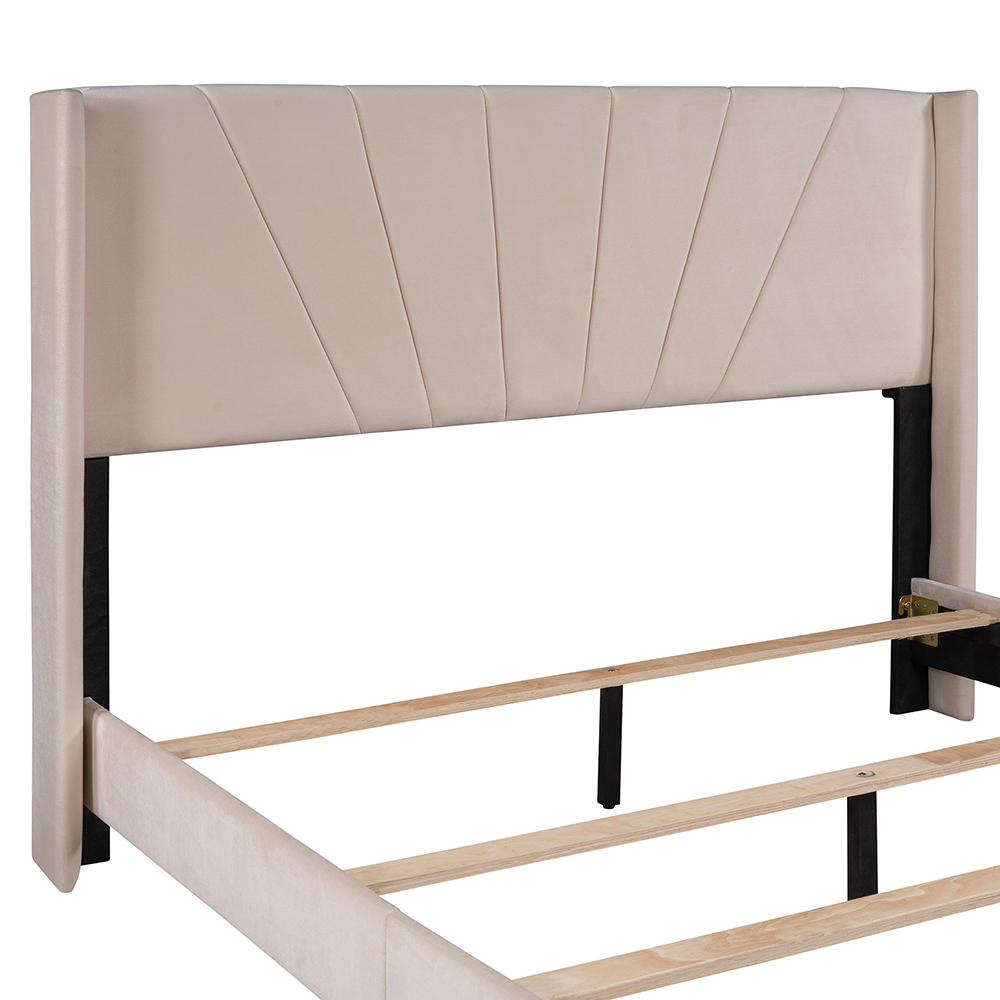 Queen-Size Velvet Upholstered Platform Bed Frame with Headboard and Wooden Slat Support - Beige